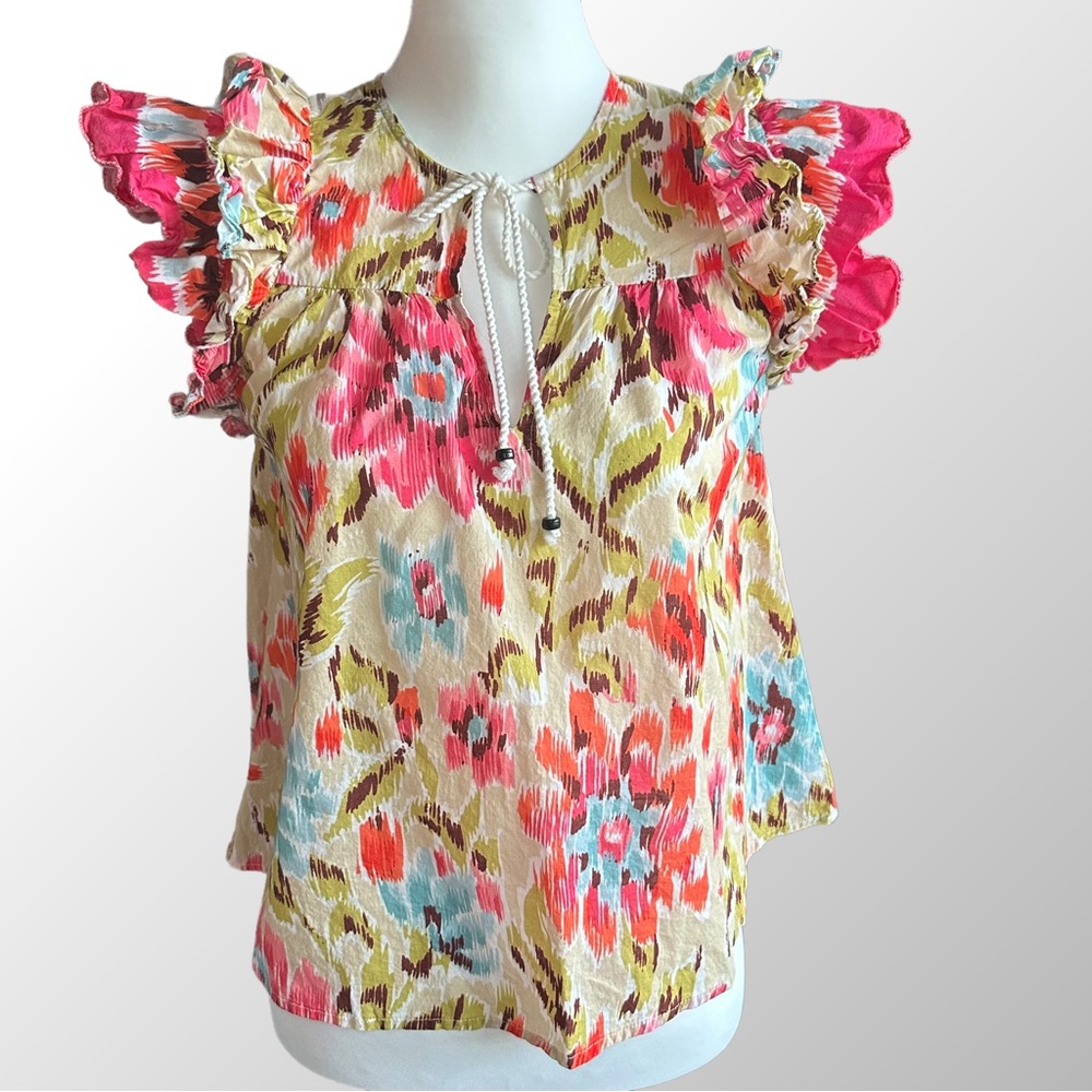 House of Harlow 1960 Blouse Womens Small Multicolor Ikat Floral Ruffle Sleeveโ